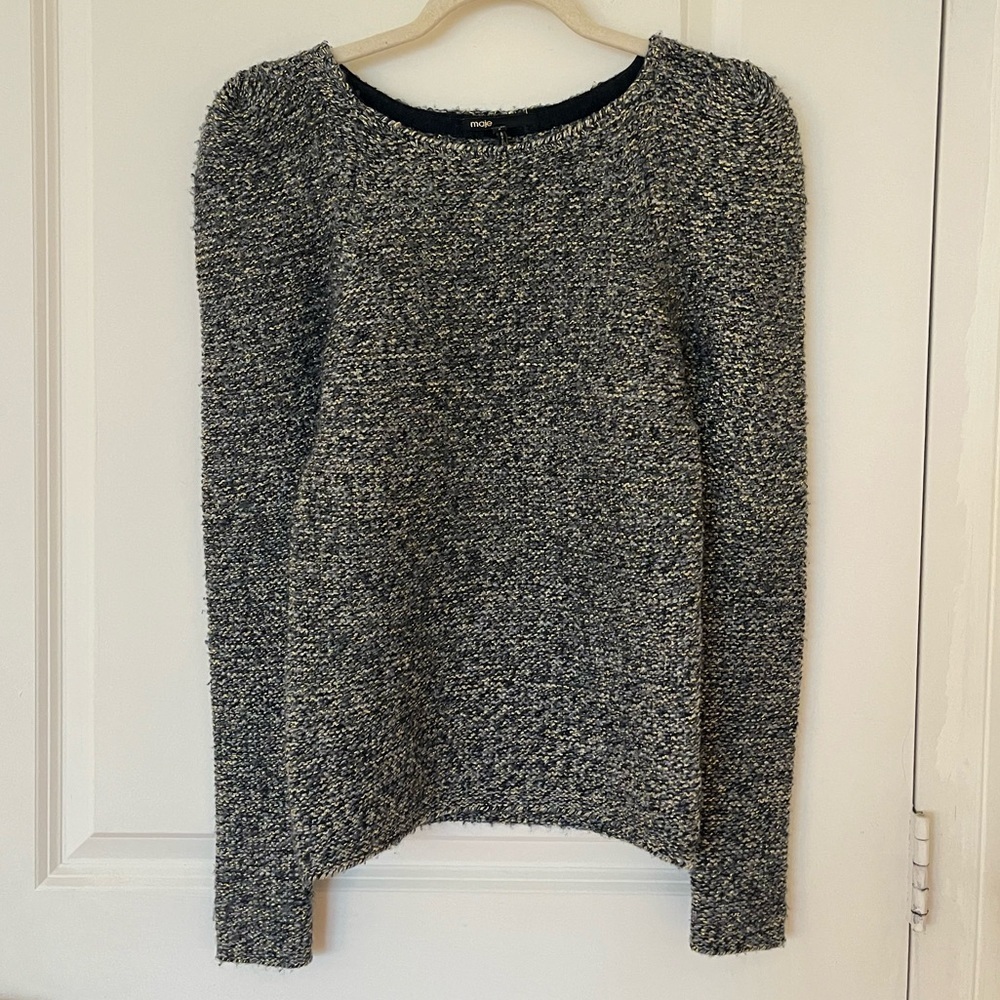 Maje Black, Blue, and gold metallic wool blend Crew Neck Sweater